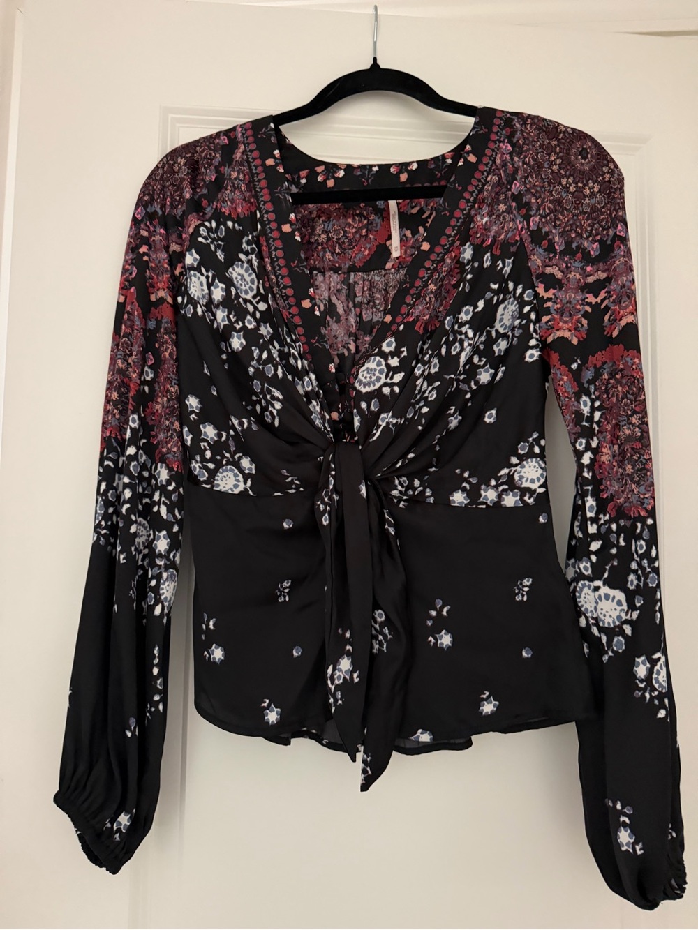 Free People Black Floral Tie-Front Blouse with Pink and White Accents